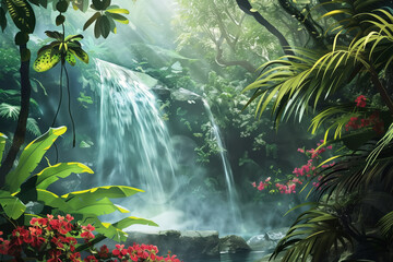 Poster - Scene with tropical waterfall. Framed with palm leaves. Background image. Created with Generative AI technology.