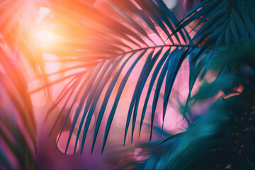 Poster - Tropical background with palm leaves and beautiful sunset. Background image. Created with Generative AI technology.