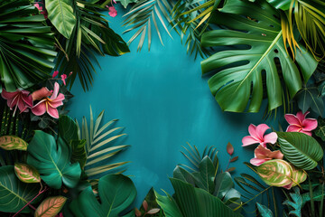 Poster - Palm tree leaves and flowers framing a tropical Slide background. Created with Generative AI technology.