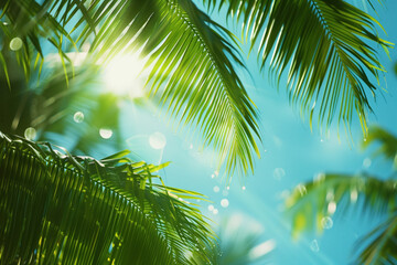 Poster - Palm tree leaves framing a tropical scenery with blue sky and sunshine. Slide background image. Created with Generative AI technology.