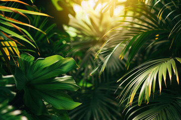 Poster - Palm tree leaves framing a tropical scenery. Slide background image. Created with Generative AI technology.