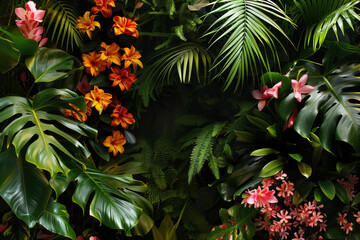 Poster - Palm tree leaves and flowers framing a tropical scenery. Slide background image. Created with Generative AI technology.