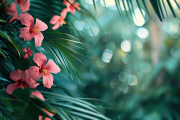 Poster - Palm tree leaves and flowers framing a tropical scenery. Slide background image. Created with Generative AI technology.