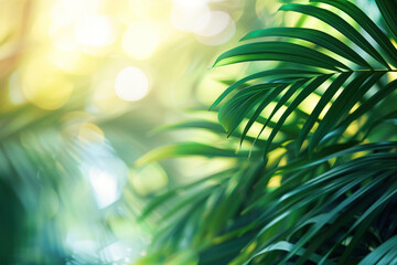Poster - Palm tree leaves framing a tropical scenery. Slide background image. Created with Generative AI technology.