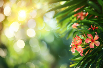 Poster - Palm tree leaves and flowers framing a tropical scenery. Slide background image. Created with Generative AI technology.