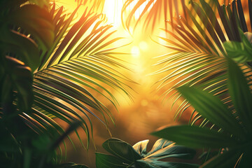 Poster - Palm tree leaves framing a tropical background with beautiful sunset. Created with Generative AI technology.