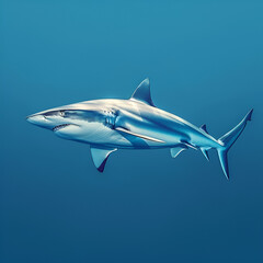 Wall Mural - A realistic illustration of a shark swimming underwater with a clear blue background.