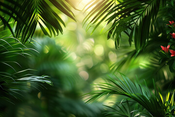 Poster - Palm tree leaves and flowers framing a tropical scenery. Slide background image. Created with Generative AI technology.