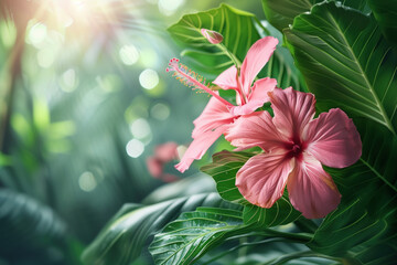 Poster - Palm tree leaves and flowers framing a tropical scenery. Slide background image. Created with Generative AI technology.