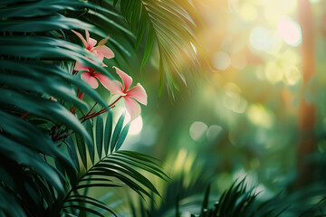 Poster - Palm tree leaves and flowers framing a tropical scenery. Slide background image. Created with Generative AI technology.