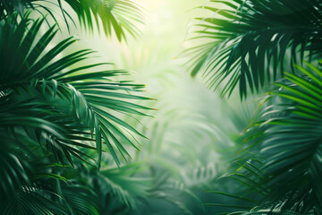 Poster - Palm tree leaves framing a tropical scenery. Slide background image. Created with Generative AI technology.