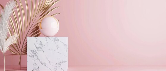 Poster - This 3D render shows a marbled shape, a blank banner mockup, and geometrical objects isolated on pink rose background. The concept is abstract luxury, with gold glass balls, palm leaves, and paper