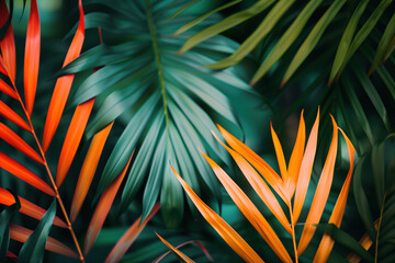 Poster - Palm tree leaves creating a tropical background. Created with Generative AI technology.