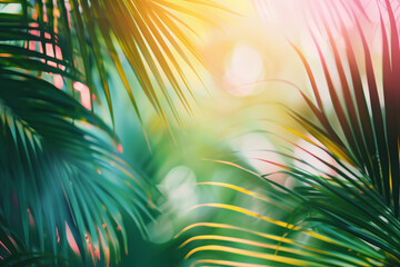 Poster - Palm tree leaves framing a tropical scenery. Slide background image. Created with Generative AI technology.