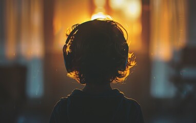 Poster - A young girl wearing headphones is looking out the window at the sun. Concept of solitude and introspection, as the girl is alone in her room, listening to music and watching the sun set