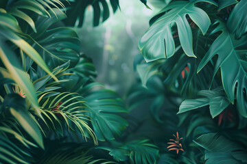 Poster - Palm tree leaves and flowers framing a tropical scenery. Slide background image. Created with Generative AI technology.