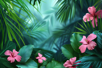 Poster - Palm tree leaves and flowers framing a tropical scenery. Slide background image. Created with Generative AI technology.