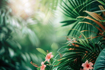Poster - Palm tree leaves and flowers framing a tropical scenery. Slide background image. Created with Generative AI technology.