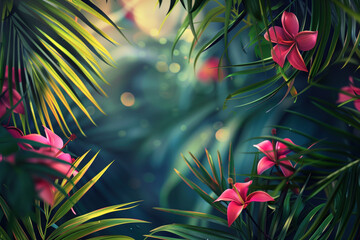 Poster - Palm tree leaves and flowers framing a tropical scenery. Slide background image. Created with Generative AI technology.