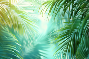 Poster - Palm tree leaves framing a tropical background. Created with Generative AI technology.
