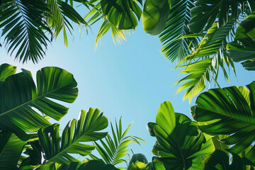 Poster - Palm tree leaves and flowers framing a tropical background with blue sky. Created with Generative AI technology.