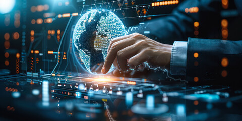Poster - Tech expert engaging with AI global analytics on a digital device, showcasing artificial intelligence, data analysis, and worldwide connectivity