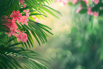 Poster - Palm tree leaves and flowers framing a tropical scenery. Slide background image. Created with Generative AI technology.
