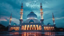 The Grand Mosque Of Mackey, Australia, Features A Majestic Blue Dome Adorned With Intricate F Motifs, Complemented By White Walls Topped With Illuminating Lights And Flanked By Two Towering Minarets
