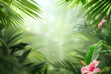 Poster - Palm tree leaves and flowers framing a tropical scenery. Slide background image. Created with Generative AI technology.