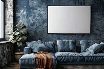 Wall Mural - Modern apartment living room with blank mock-up frame above sofa. Contemporary styled interior featuring gray sofa, an empty frame on the wall and house plants