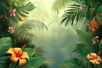 Poster - Palm tree leaves and flowers framing a tropical scenery. Slide background image. Created with Generative AI technology.