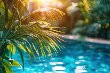 Poster - Palm tree leaves framing a tropical background with pool. Created with Generative AI technology.