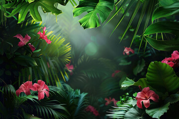 Poster - Palm tree leaves and flowers framing a tropical scenery. Slide background image. Created with Generative AI technology.