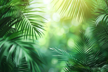 Poster - Palm tree leaves framing a tropical scenery. Slide background image. Created with Generative AI technology.
