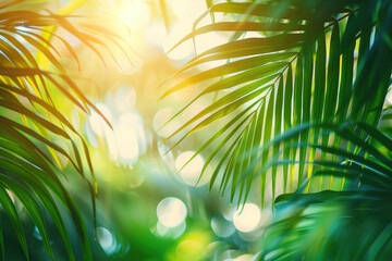 Poster - Palm tree leaves framing a tropical scenery. Slide background image. Created with Generative AI technology.