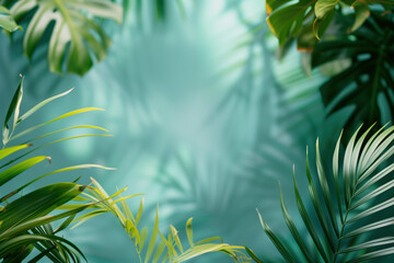 Poster - Palm tree leaves framing a tropical background. Created with Generative AI technology.
