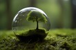 A green tree seen through the lens ball. A lens ball on green moss., Green nature in the water ball Generative AI