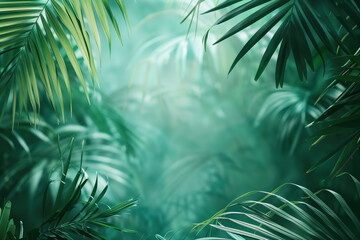 Poster - Palm tree leaves framing a tropical scenery. Slide background image. Created with Generative AI technology.