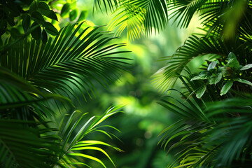 Poster - Palm tree leaves framing a tropical scenery. Slide background image. Created with Generative AI technology.