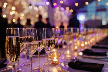 close-up of sparkling champagne glasses on a table set for a sophisticated gala dinner with blurred 