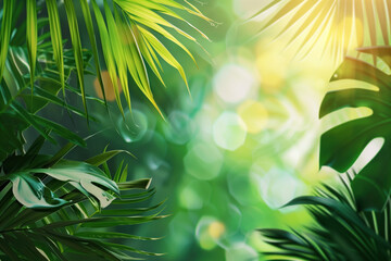 Poster - Palm tree leaves framing a tropical scenery. Slide background image. Created with Generative AI technology.