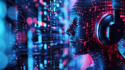 Poster - Robot With Headphones Analyzing Data Wall