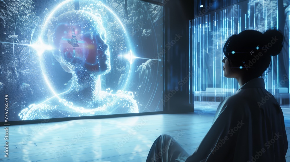 Illustration of a futuristic therapy session, advanced neurofeedback ...