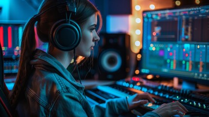 Poster - Woman Listening to Music at Computer