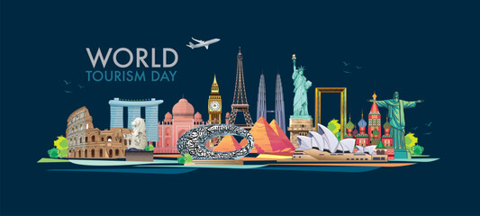 travel and tours illustrations vector background.famous landmark around the world grouped together.t