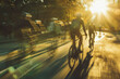 Scene of cyclists and joggers on a city path, with a dynamic motion blur effect emphasizing speed and the early morning rush