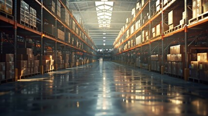 Illuminated warehouse interior with organized shelves