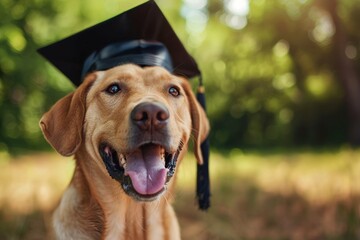 Wall Mural - Cute golden dog graduating training in graduation hat banner