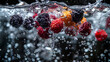 A bunch of ripe vegetables, with water droplets, falling into a deep black water tank, creating a colorful contrast and intricate splash patterns,