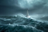 Fototapeta  - A raging storm swirling over the choppy waters with a lone sailboat braving the elements,
